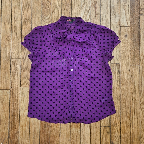 Forever 21 Tops - Vintage Purple With Black Polka Dot Women's Short Sleeve Blouse